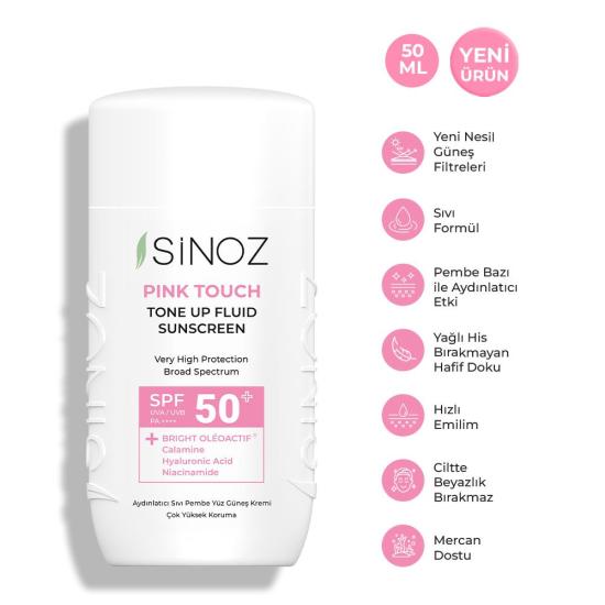 Sinoz Spf50+ Pink Touch Aydınlatıcı Fluid Güneş Kremi - Yeni Nesil Filtreleri Ile Hibrit Formül 50m